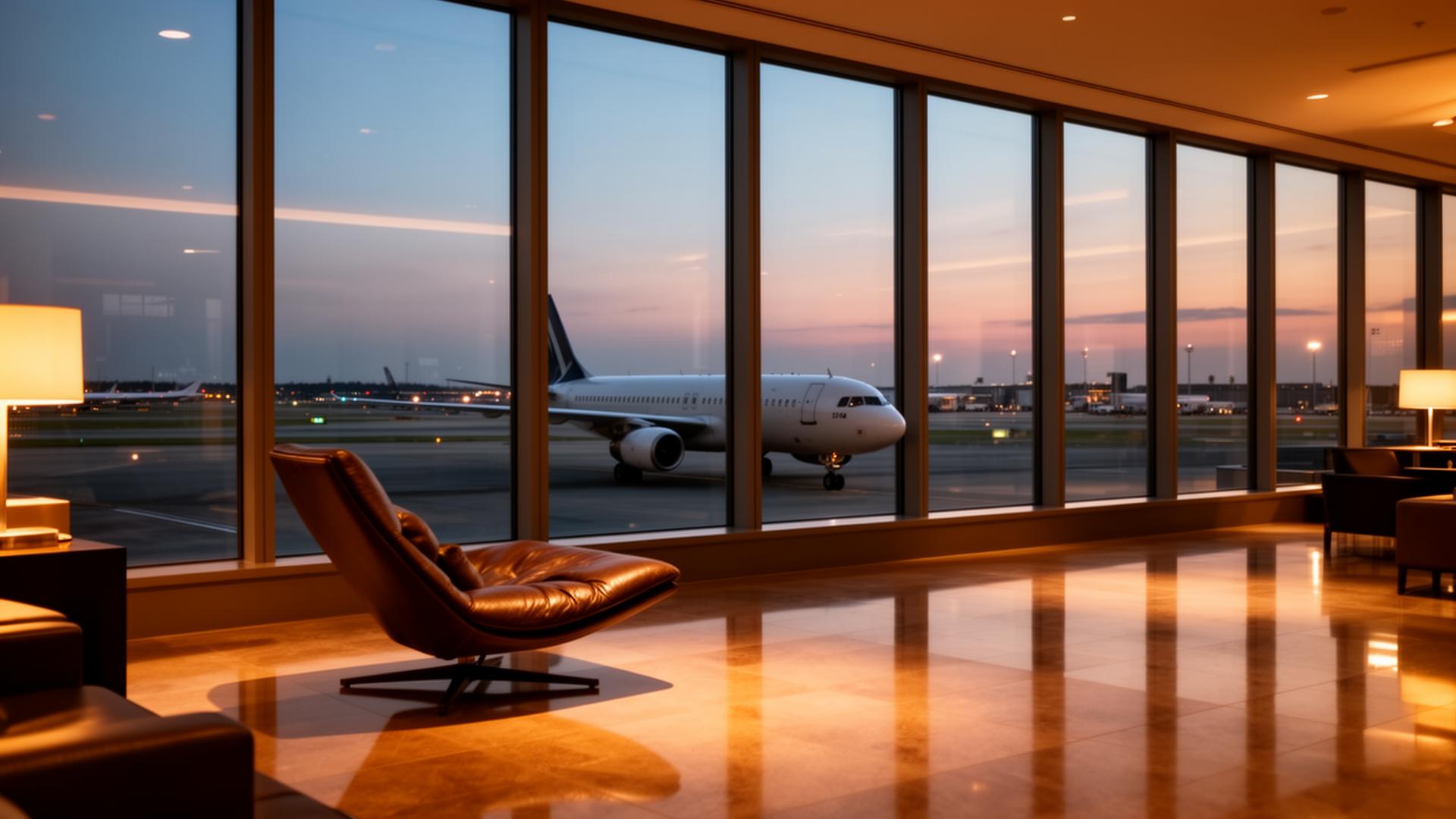 Premium airport lounge at dusk overlooking the apron