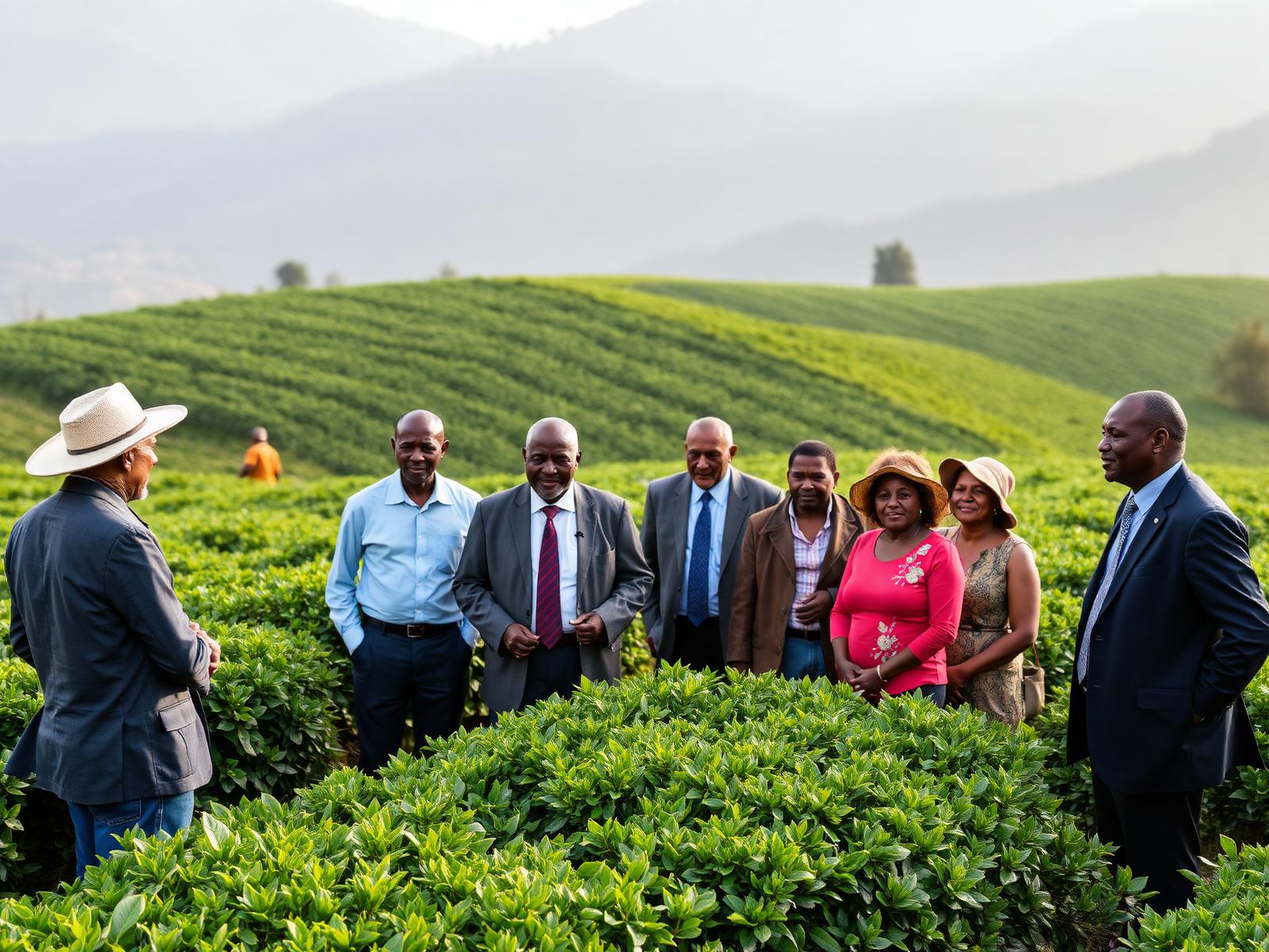 Trade mission delegation visiting an East African tea plantation